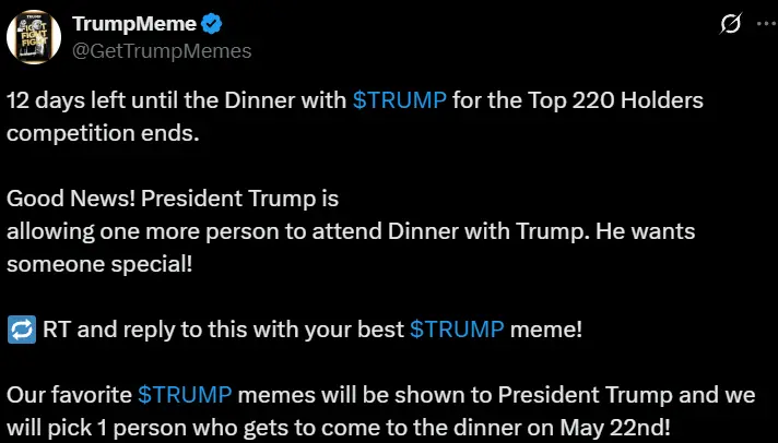 TRUMP 晚宴将新增 1 个名额，最佳 Meme 表情包创作者可获邀请