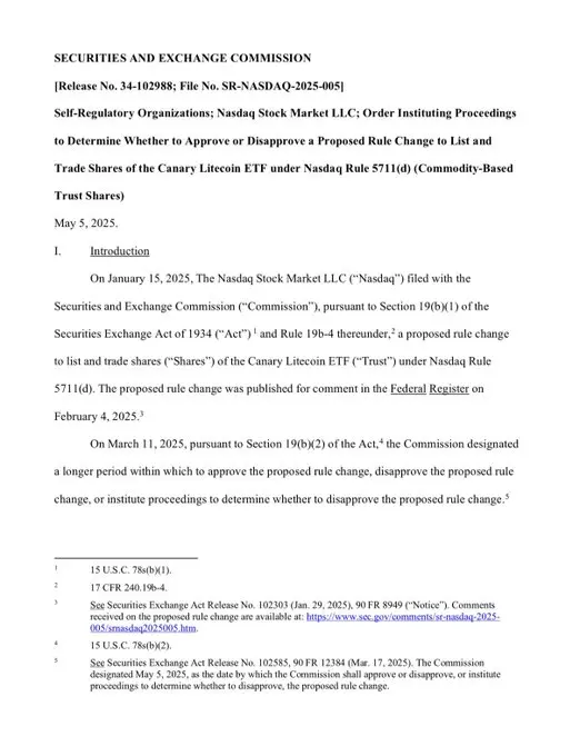 美 SEC 推迟对 Canary Capital 提交的莱特币现货 ETF 申请作出决定
