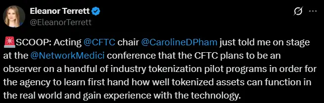 美 CFTC 计划作为观察员参与多个行业代币化试点项目
