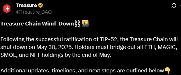 Treasure Chain 将于 5 月 30 日关闭，用户需提前提取其资产