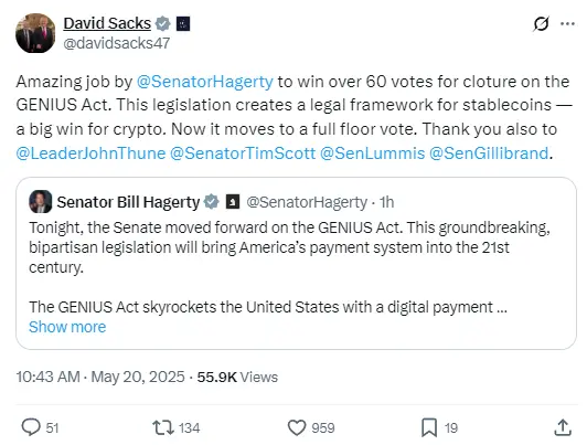 加密沙皇 David Sacks:《GENIUS 法案》通过程序性动议是加密货币领域的一大胜利