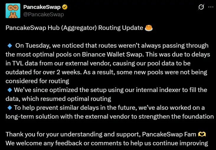 ​​PancakeSwap：已优化交易路由机制并解决数据延迟问题​