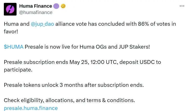 HUMA 代币预售已面向 Huma OG 与 JUP Staker 开放