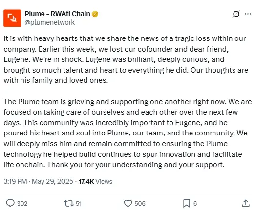 Plume Network 联合创始人 Eugene 于本周不幸离世