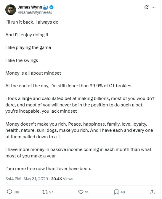 巨鲸 James Wynn:我会卷土重来,一如既往,现在比以前更加自由