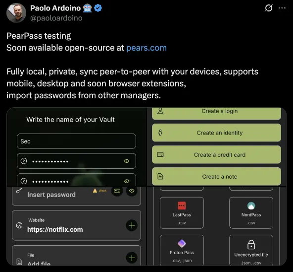 Tether CEO：开源密码管理器 PearPass 正在进行测试并即将开源