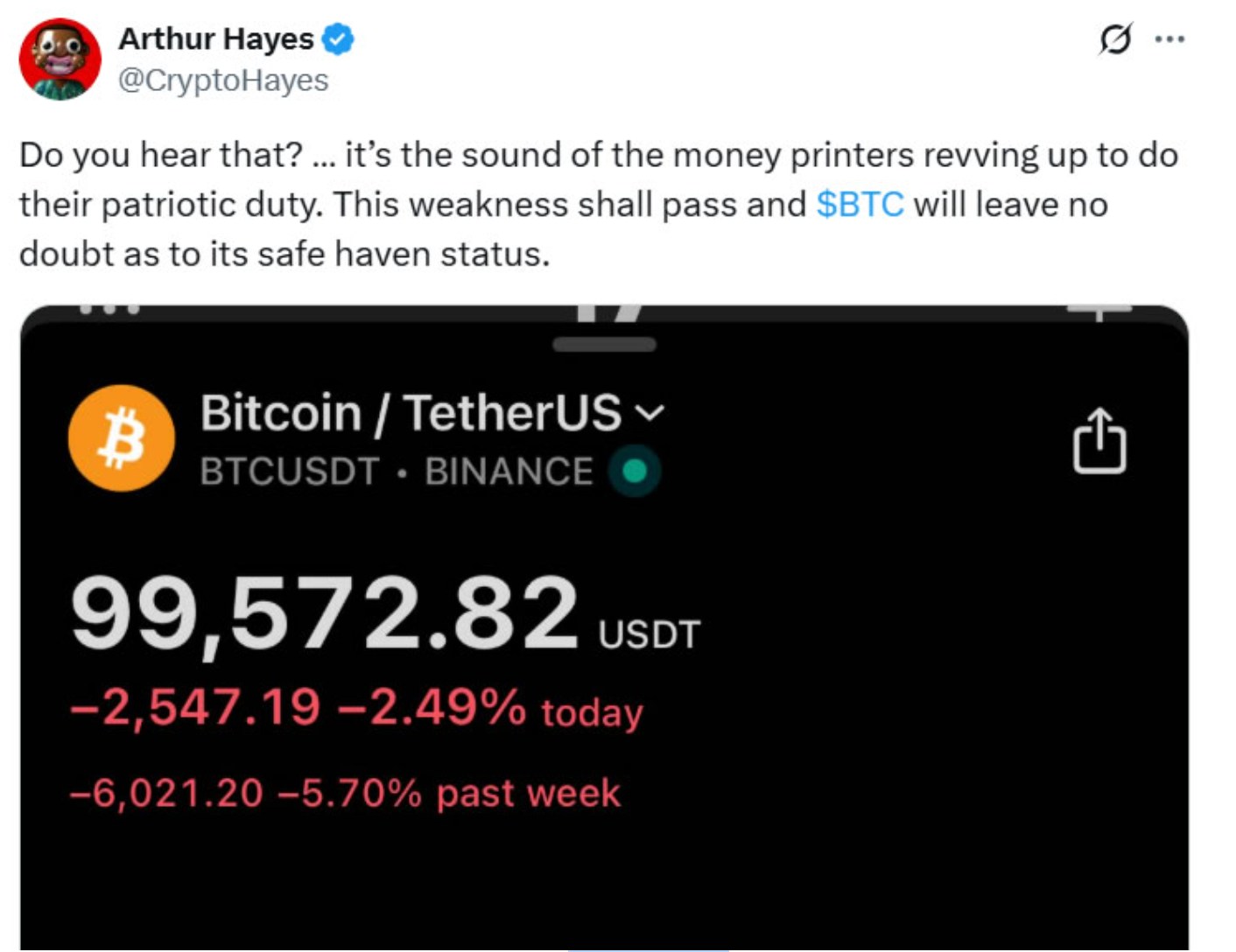 Arthur Hayes:比特幣跌破 99K 只是短暫,全球 QE 會推升 BTC 走勢