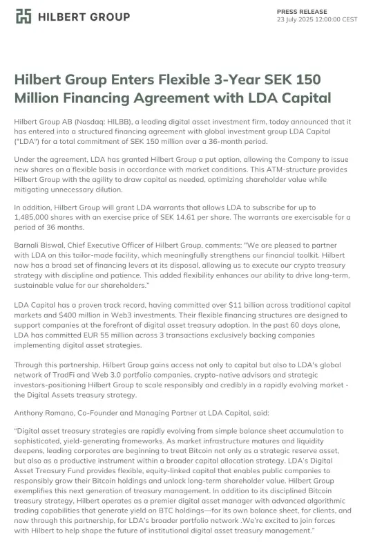 瑞典上市公司 Hilbert Group 获得约 1580 万美元融资，支持比特币储备策略