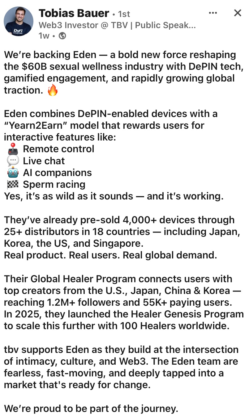 有了它就不用找紅姐？ Eden Sexual Fi 深科技賺 Token 