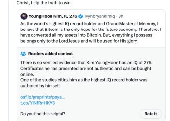 號稱全球智商最高的人表示要  All-in 比特幣、捐給上帝和 MAGA ! 