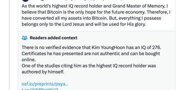 號稱全球智商最高的人表示要 All-in 比特幣、捐給上帝和 MAGA !