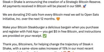 Steak ‘n Shake 宣佈建立比特幣儲備、同步推出「比特幣漢堡」顧客消費可獲 BTC 獎勵