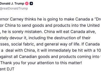 加拿大總理訪中，川普發文稱卡尼「州長」警告敢跟中國合作就加 100% 關稅 