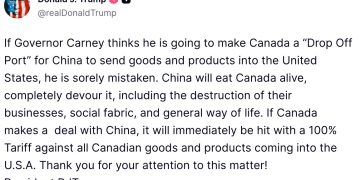 加拿大總理訪中，川普發文稱卡尼「州長」警告敢跟中國合作就加 100% 關稅 