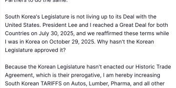川普不滿南韓未履行協議，放話對韓商品關稅調升至 25% 