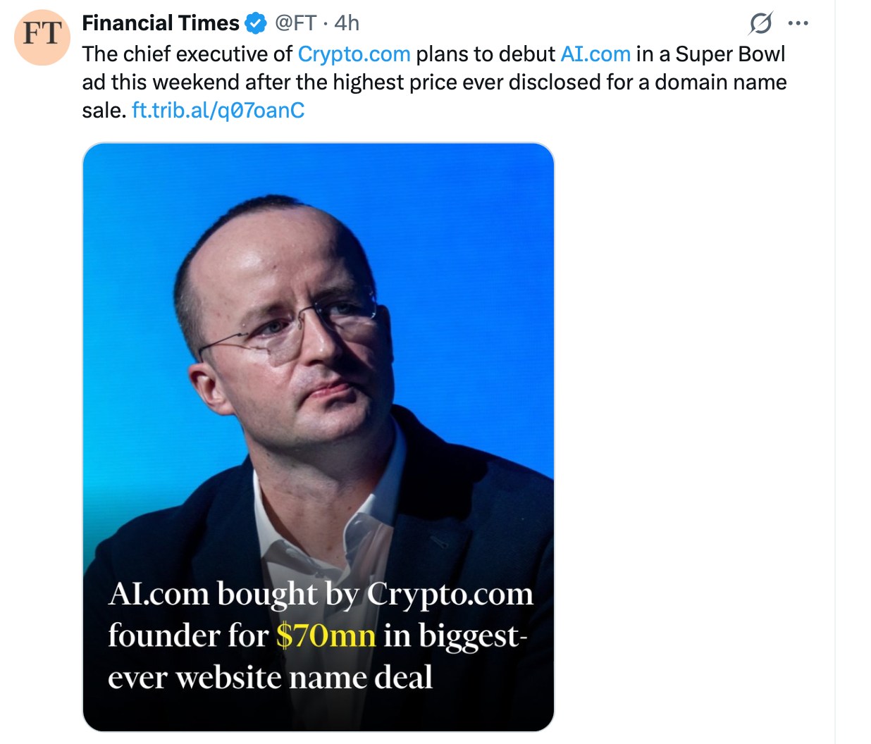 Crypto.com 創辦人天價收購 AI.com 網域名稱，搶攻 AI 代理市場 