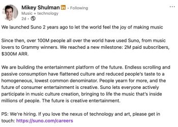 AI創作者大幅成長、AI音樂生成器Suno付費用戶突破200萬 