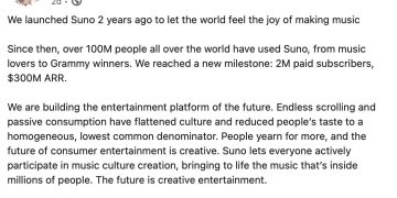 AI創作者大幅成長、AI音樂生成器Suno付費用戶突破200萬 